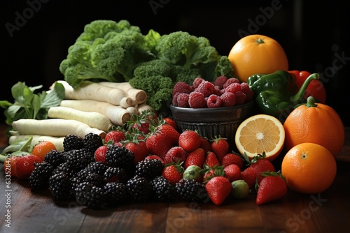 Healthy eating Fresh fruits and vegetables on a table - stock photography