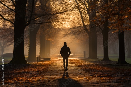 Jogger running through a park early in the morning - stock photography