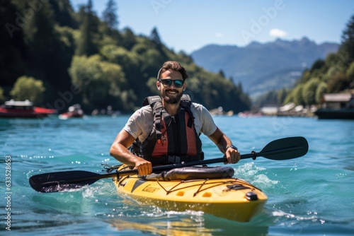 Man kayaking in a serene alpine lake - stock photography © 4kclips