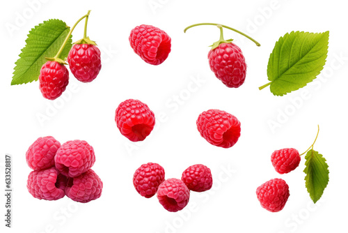 Red raspberry fruit isolated on transparent background cutout PNG , ai generative
