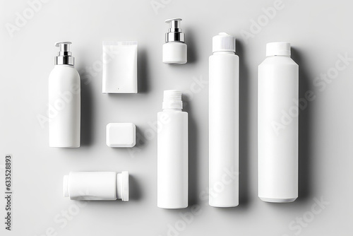 op view of different cosmetic bottles and container isolated on white background. Cosmetic package mockup set with clear design.