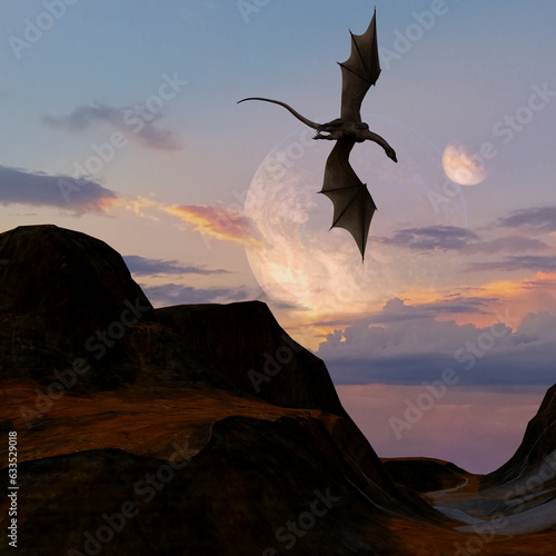 Illustration of a dragon soaring over terrain as night falls with a planet and moon in the background.