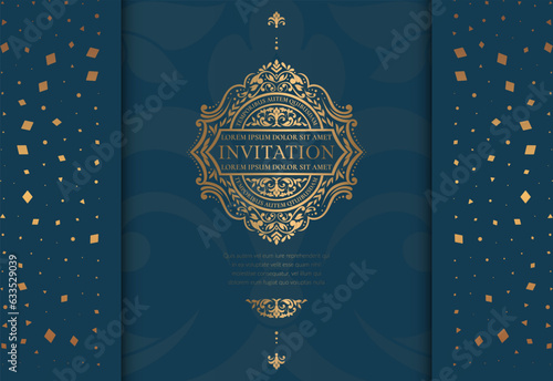 Frame with golden vector ornament on a blue background. Elegant, classic elements. Can be used for jewelry, beauty and fashion industry. Great for logo, emblem, or any desired idea.