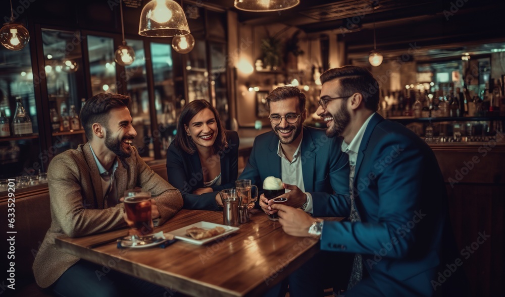 Happy diverse business people having fun during coffee break, drinking beer and talking in cafe. Happy diverse business people having fun during coffee break, drinking beer and talking in cafe.