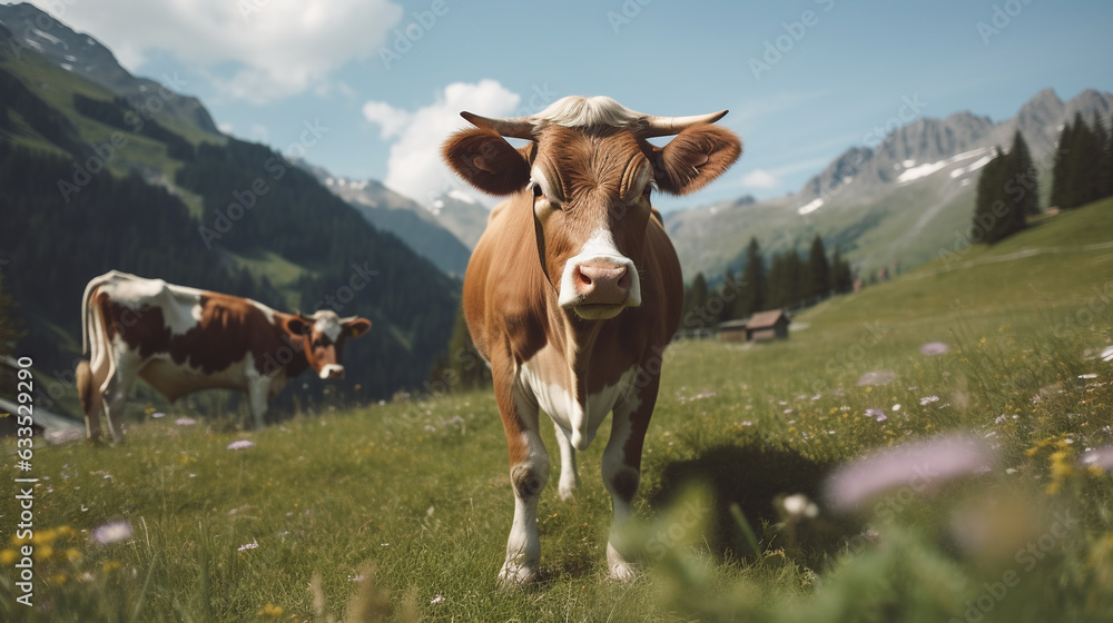 Generative AI, cow against the backdrop of alpine mountains and meadows, farm animals, organic milk, green grass, pasture, sky