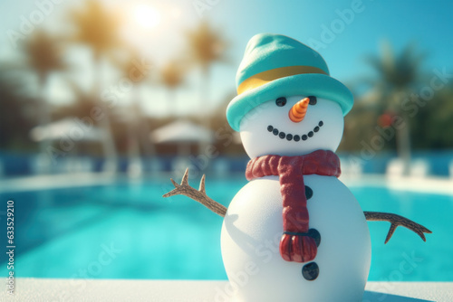 Snowman beach vacation holidays near the swimming pool in a luxury resort. Winter holidays by the sea.