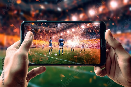 Close up of hands holding mobile phone with a live sports event on it\'s display.