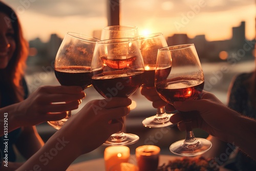 People hands holding glasses of wine, making a toast over sunset sky.