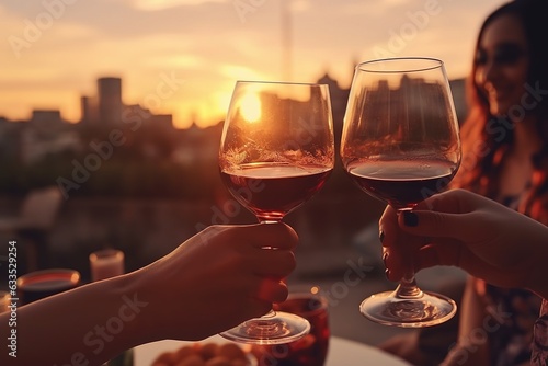 People hands holding glasses of wine, making a toast over sunset sky.