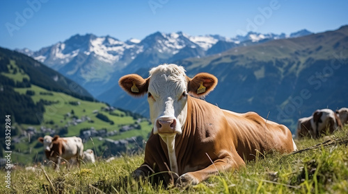 Generative AI, cow against the backdrop of alpine mountains and meadows, farm animals, organic milk, green grass, pasture, sky photo