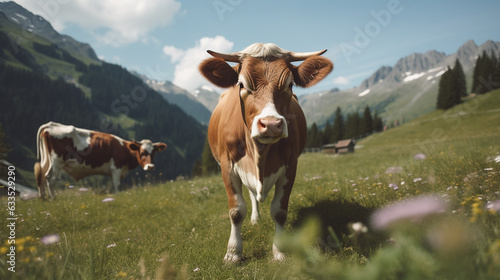 Generative AI  cow against the backdrop of alpine mountains and meadows  farm animals  organic milk  green grass  pasture  sky