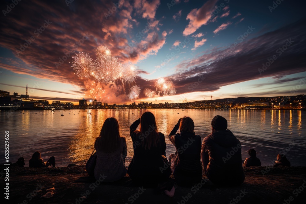 People enjoying fireworks display on a festive night - stock photography