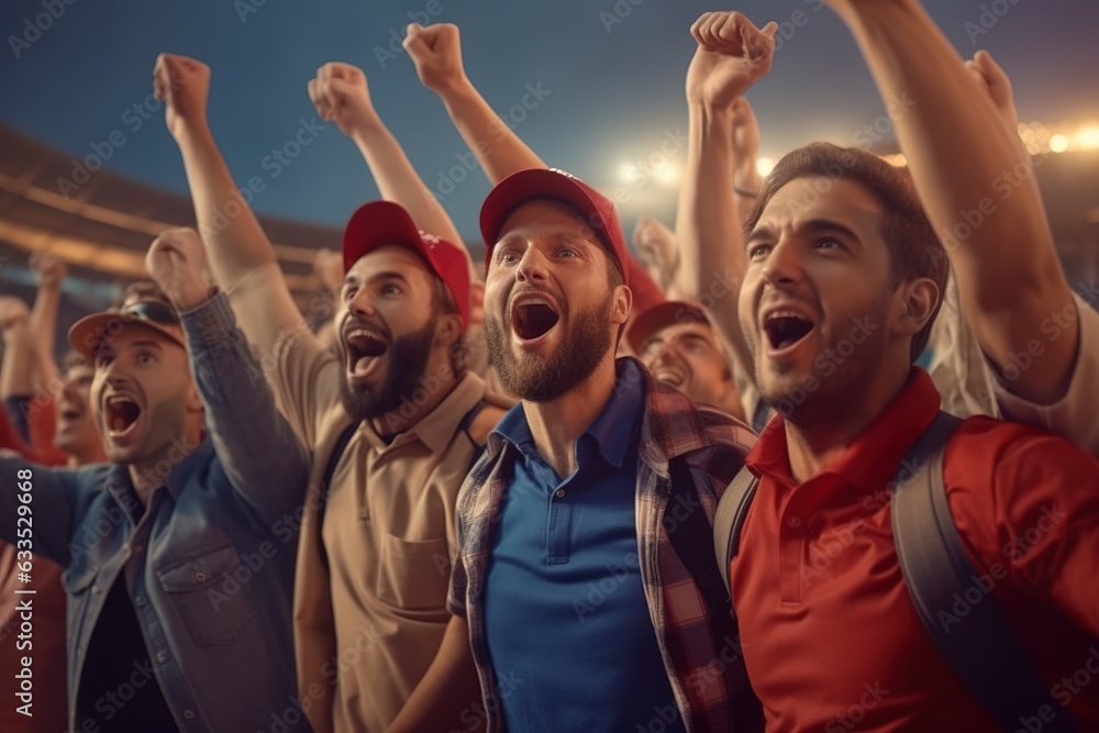 Fototapeta premium Excited football fans cheering a goal, supporting favorite players. Concept of sport, human emotions, entertainment.