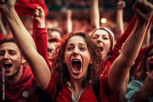 Excited woman screaming and supporting her football team cheering a goal on crowded stadium.