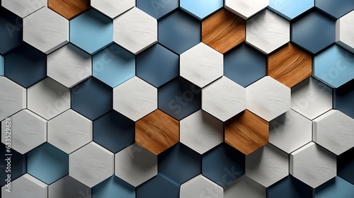 a white and wood wall with a pattern of gray hexagon tile, in the style of cubist fragmentation of form