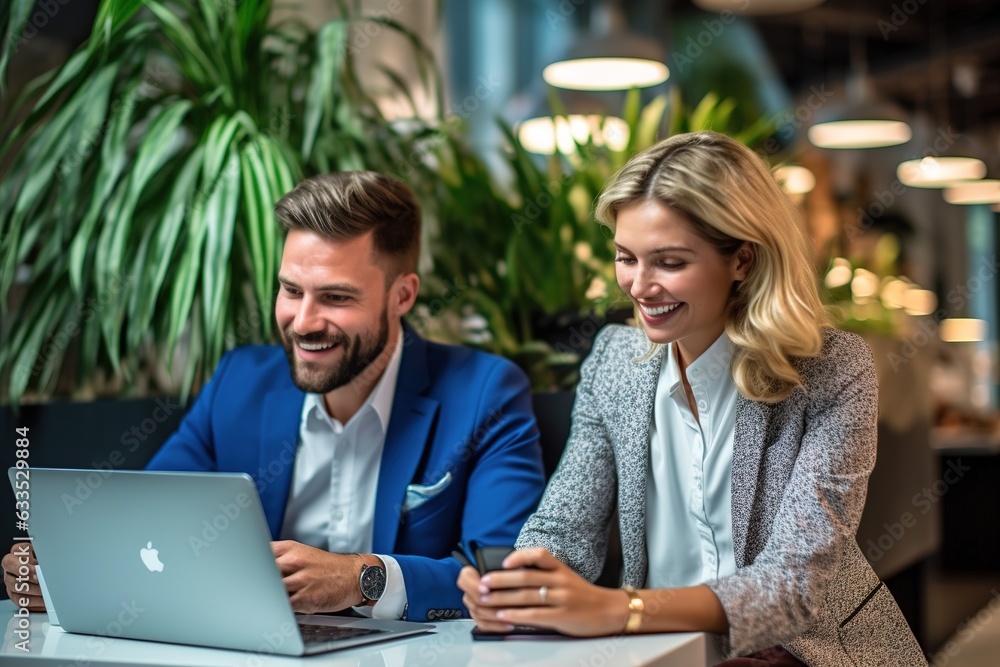 Smiling business woman and man using laptop in their office Smiling business woman and man using laptop in their office