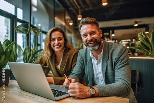 Smiling business people using laptop in their office