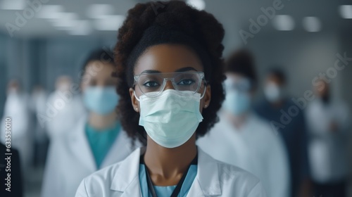 Close up of female nurse in protective facial mask with healthcare workers in the background.