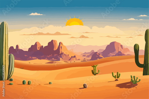 Slika na platnu Cartoon desert landscape with cactus, hills, sun and mountains silhouettes, vector nature horizontal background