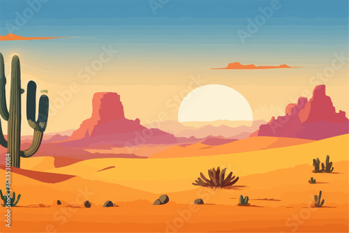 Cartoon desert landscape with cactus, hills, sun and mountains silhouettes, vector nature horizontal background.