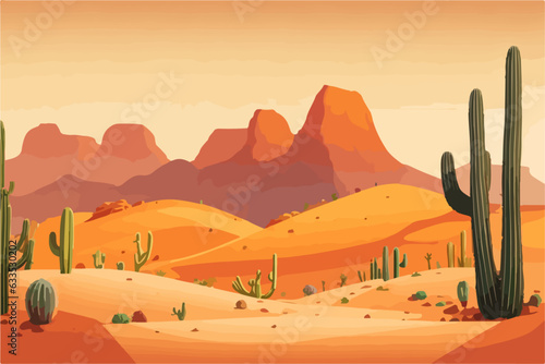 Cartoon desert landscape with cactus, hills, sun and mountains silhouettes, vector nature horizontal background.