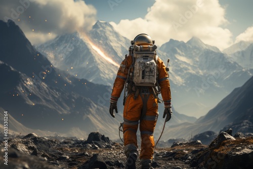 Astronaut in a futuristic space suit exploring an alien - stock photography
