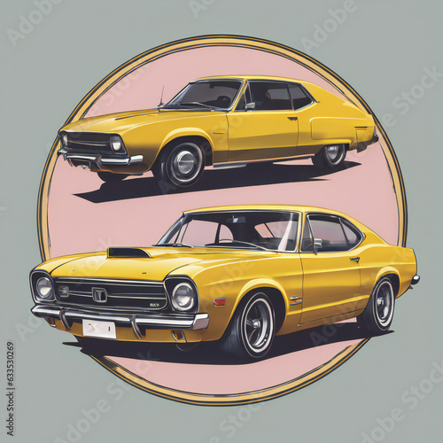 Yellow car illustration, detailed, pastel colors