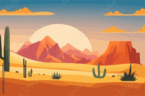 Cartoon desert landscape with cactus, hills, sun and mountains silhouettes, vector nature horizontal background.