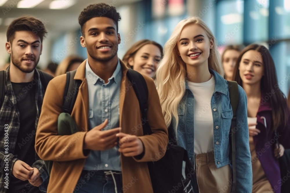 Fototapeta premium Group of multiracial students walking in university hall during break.