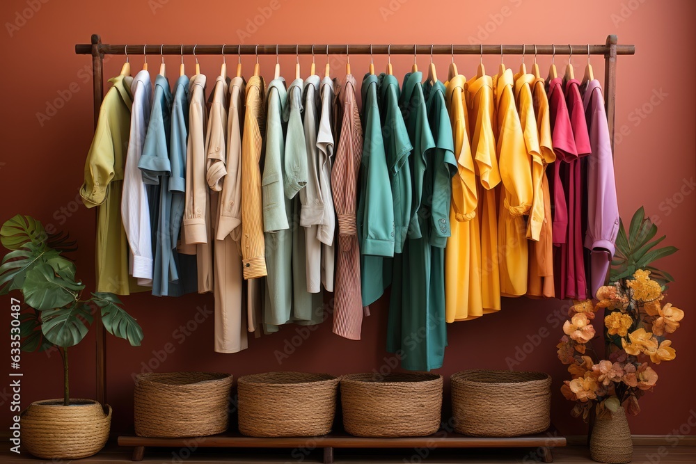 Clothing rack with colorful outfits - stock photography