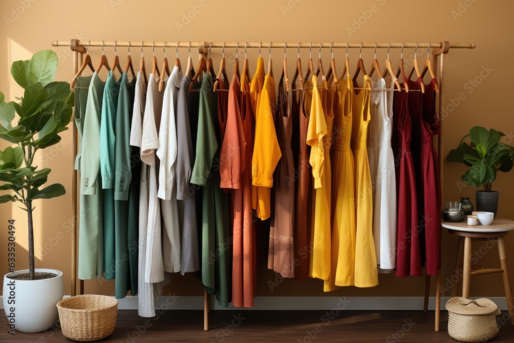 Clothing rack with colorful outfits - stock photography