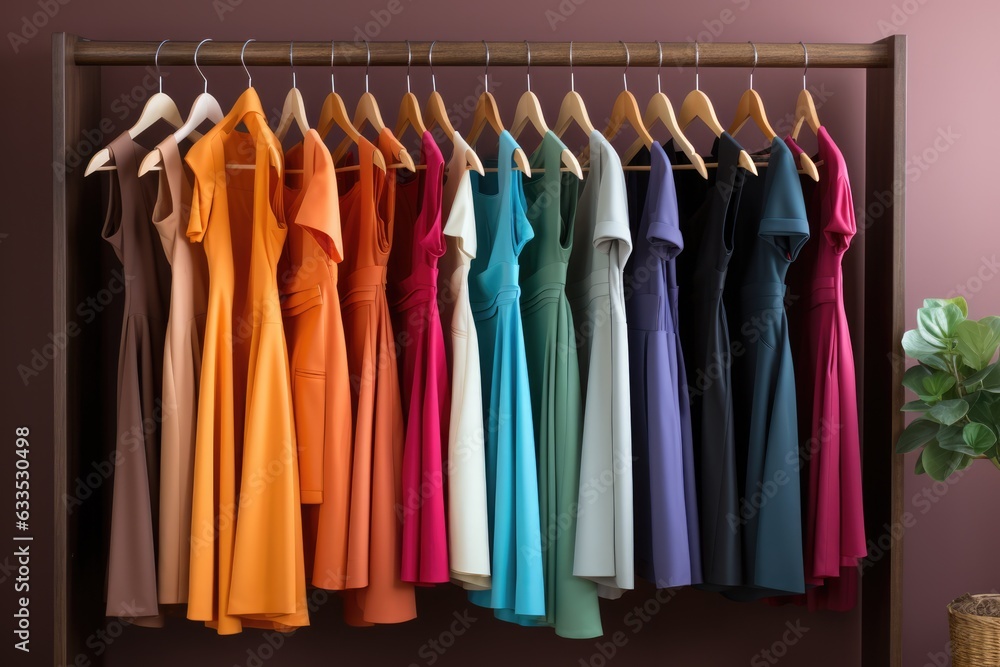 Clothing rack with colorful outfits - stock photography