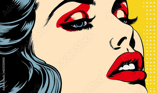 A woman with bold red lipstick in a vibrant and graphic pop art style