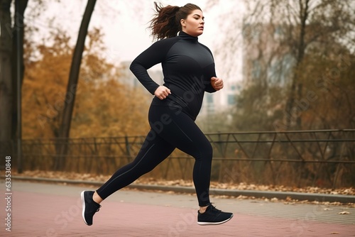 Plus-size plump woman running in fitness outfit in the park. © Bojan