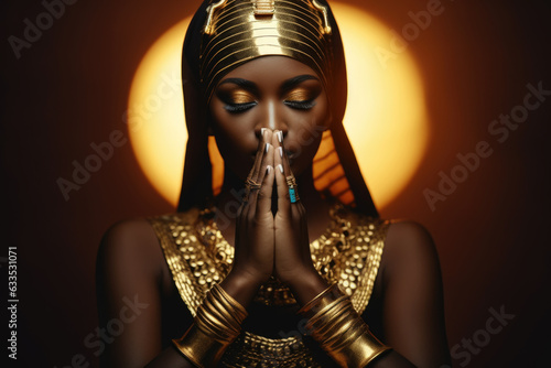 Beautiful black woman dressed in luxurious traditional golden African attire, captured in a moment of prayer. Ideal for cultural, elegance, and spirituality-themed projects.