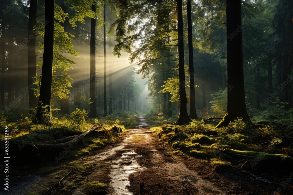 Misty morning scene in a tranquil forest - stock photography
