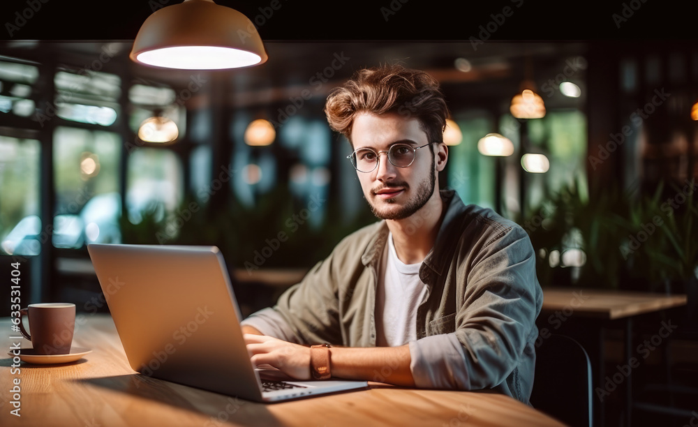Young man working on laptop, boy freelancer or student with computer in cafe at table, Generative AI Young man working on laptop, boy freelancer or student with computer in cafe at table, Generative AI