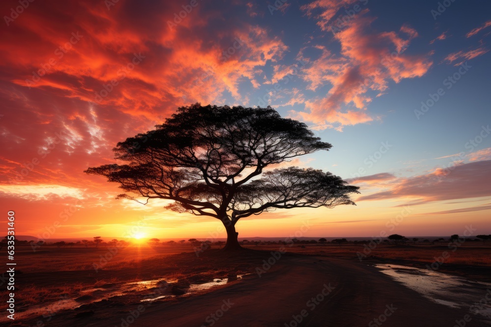 Silhouette of a lone tree against a colorful sunset sky - stock photography