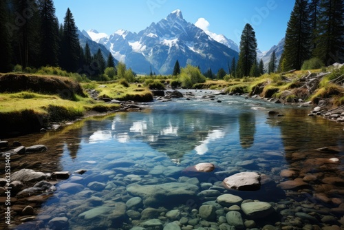 Pristine mountain lake reflecting the surrounding peaks - stock photography