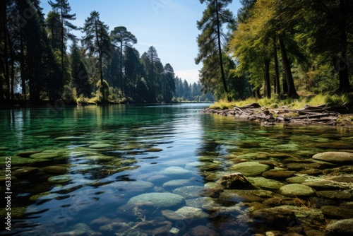 Tranquil lake surrounded by trees - stock photography