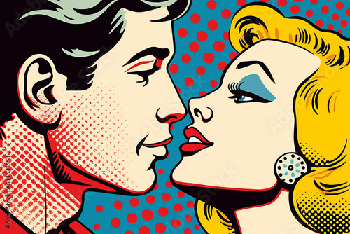 A colorful pop art style kiss between a man and a woman © Unicorn Trainwreck