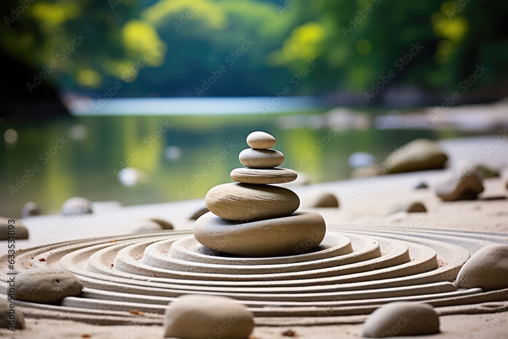 Zen garden with rocks and sand patterns - stock photography