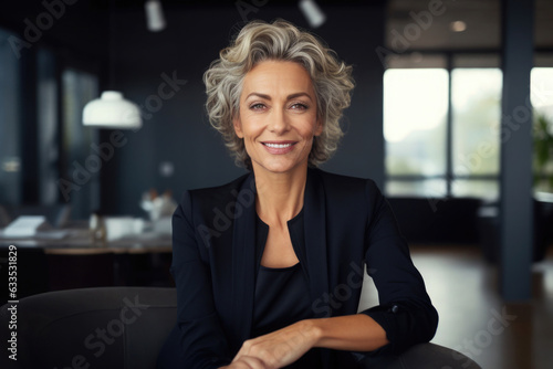 confident smiling mature business woman in black fashion sitting in her office.