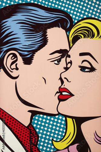 Two people engaged in a passionate kiss  portrayed in vibrant and dynamic pop art style