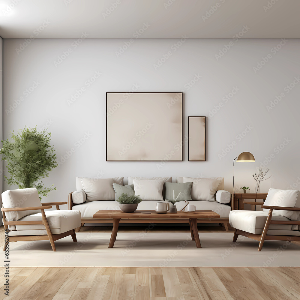Cozy beige interior of living room with couch, Japan, style, wooden aesthetic, modern decor, minimalistic