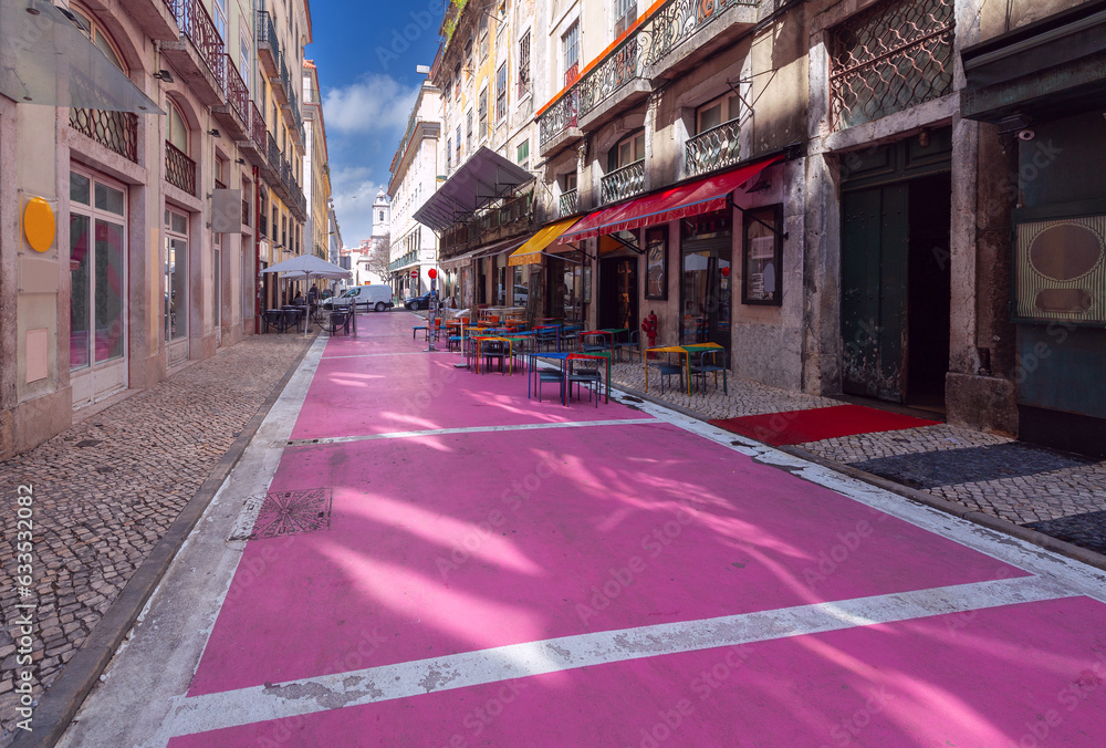 The famous pink street in Lisbon on a sunny day