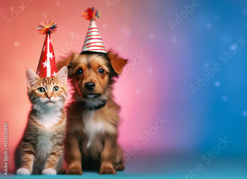 Captivating cat and dog, adorned in comical party outfits, set against a backdrop bursting with vibrant hues, evoking a sense of merriment and laughter.