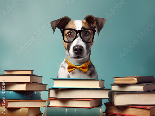 A funny dog, styled with glasses and surrounded by a pile of books, stands against a lively blue backdrop, exuding a quirky charm and love for knowledge.
