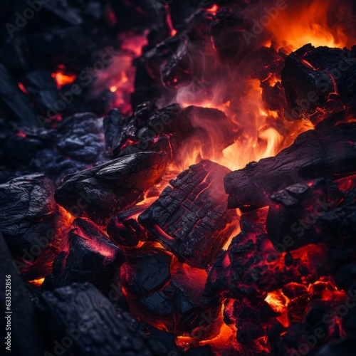 close up photograph of flammable coal and charcoal, lighting up with fire, generative ai