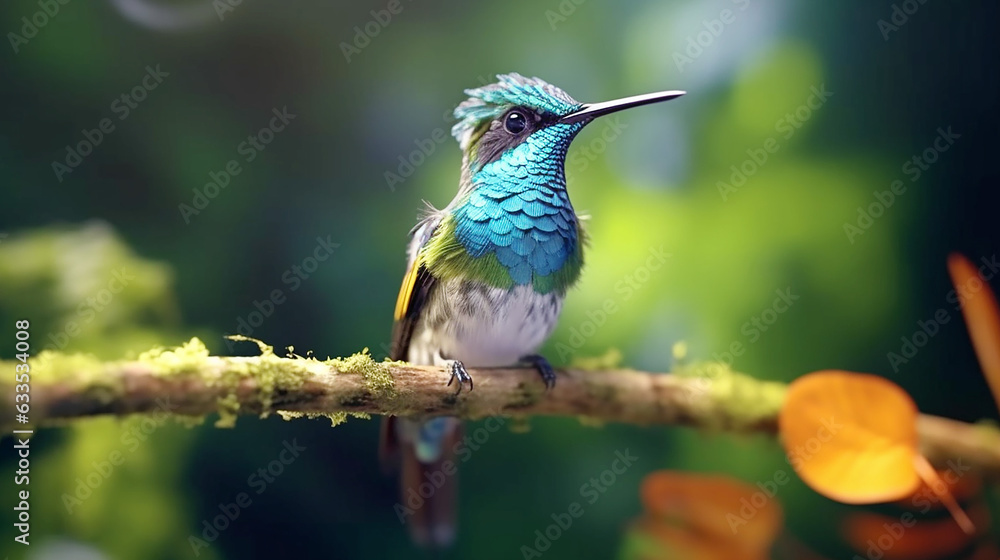 Fototapeta premium cute humming bird, A colorful bird sits on a branch in the forest